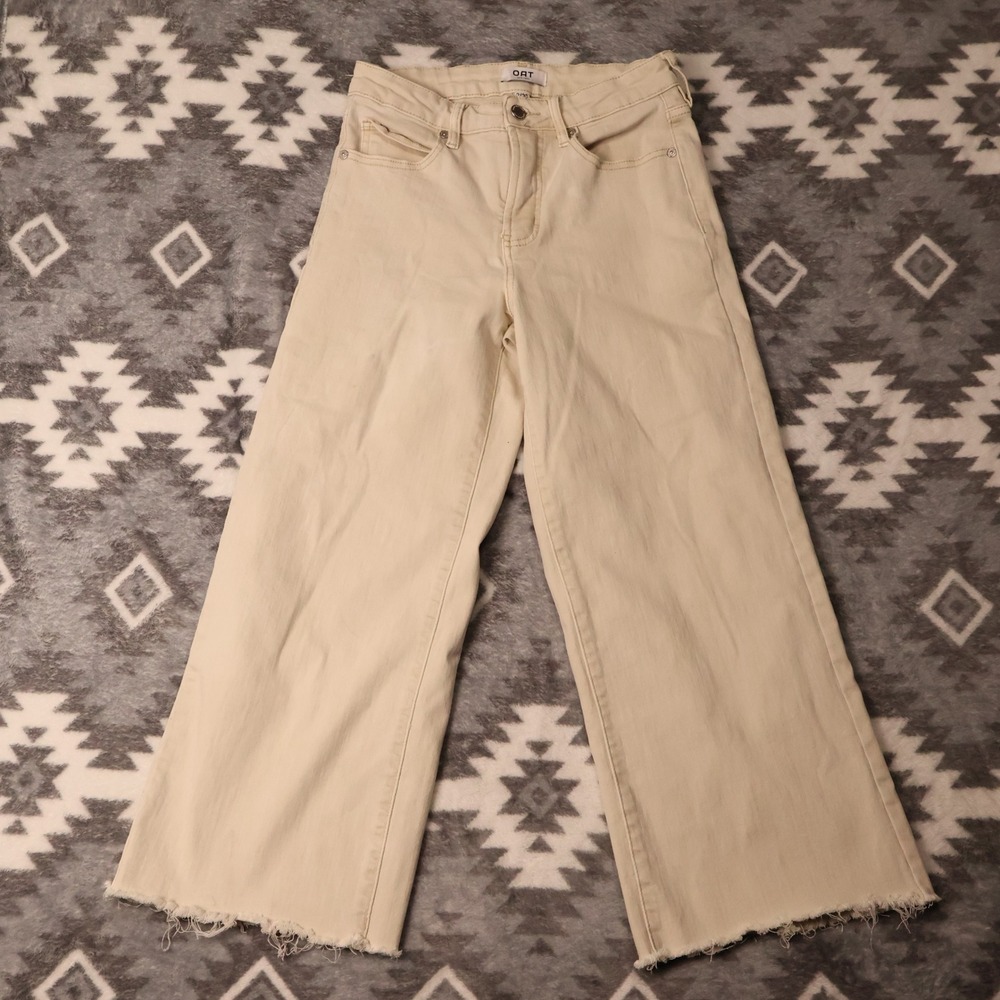 OAT New York Cream Beige Wide Leg Raw Hem Jeans Size 2 26
